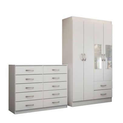 Guarda-Roupa Solteiro Hazel 4 Portas 2 Gavetas e Espelho com Cômoda 10 Gavetas Branco - Panorama Móveis