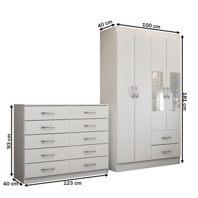 Guarda-Roupa Solteiro Hazel 4 Portas 2 Gavetas e Espelho com Cômoda 10 Gavetas Branco - Panorama Móveis