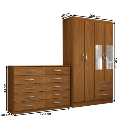 Guarda-Roupa Solteiro Hazel 4 Portas 2 Gavetas e Espelho com Cômoda 10 Gavetas Cinamomo - Panorama Móveis