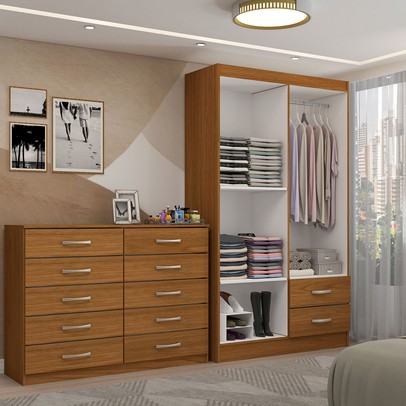 Guarda-Roupa Solteiro Hazel 4 Portas 2 Gavetas e Espelho com Cômoda 10 Gavetas Cinamomo - Panorama Móveis