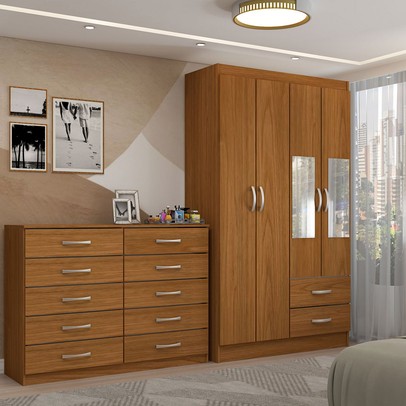 Guarda-Roupa Solteiro Hazel 4 Portas 2 Gavetas e Espelho com Cômoda 10 Gavetas Cinamomo - Panorama Móveis