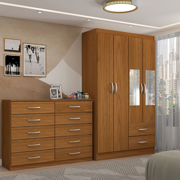 Guarda-Roupa Solteiro Hazel 4 Portas 2 Gavetas e Espelho com Cômoda 10 Gavetas Cinamomo - Panorama Móveis