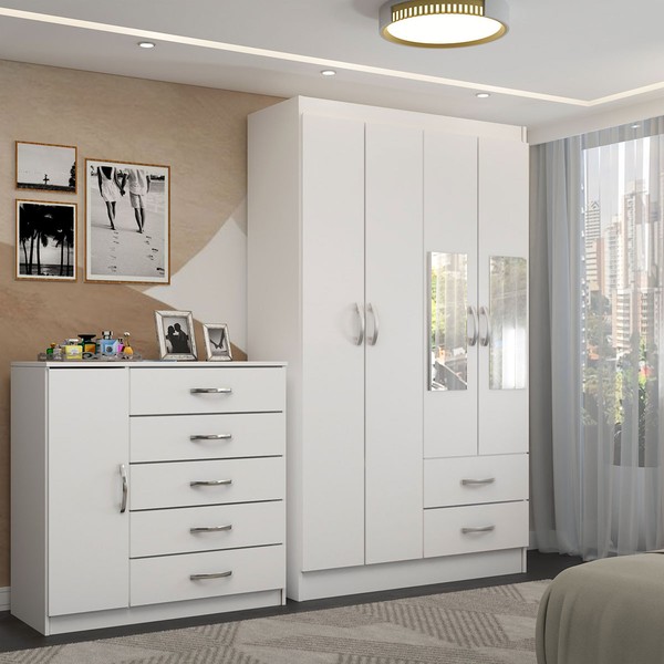 Guarda-Roupa Solteiro Noah 4 Portas 2 Gavetas com Cômoda 1 Porta 5 Gavetas Branco - Panorama Móveis