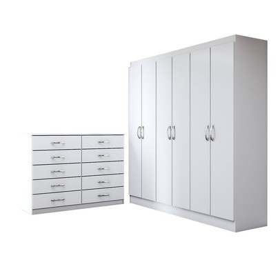 Guarda-Roupa Casal Harper 6 Portas 2 Gavetas com Cômoda 10 Gavetas Branco - Panorama Móveis