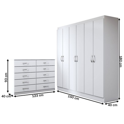 Guarda-Roupa Casal Harper 6 Portas 2 Gavetas com Cômoda 10 Gavetas Branco - Panorama Móveis