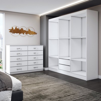 Guarda-Roupa Casal Harper 6 Portas 2 Gavetas com Cômoda 10 Gavetas Branco - Panorama Móveis
