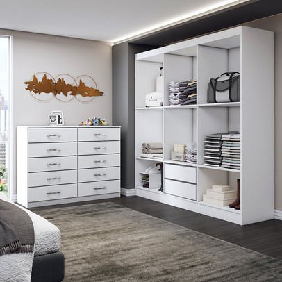 Guarda-Roupa Casal Harper 6 Portas 2 Gavetas com Cômoda 10 Gavetas Branco - Panorama Móveis