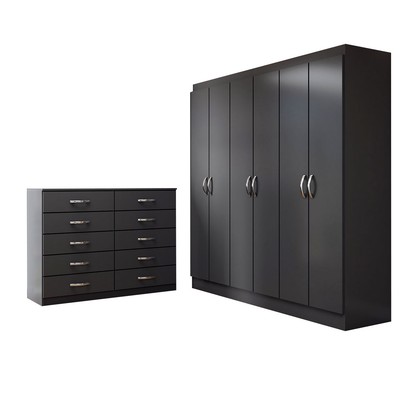Guarda-Roupa Casal Aiden 6 Portas 2 Gavetas com Cômoda 10 Gavetas Preto - Panorama Móveis