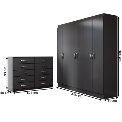 Guarda-Roupa Casal Aiden 6 Portas 2 Gavetas com Cômoda 10 Gavetas Preto - Panorama Móveis