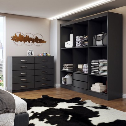 Guarda-Roupa Casal Aiden 6 Portas 2 Gavetas com Cômoda 10 Gavetas Preto - Panorama Móveis