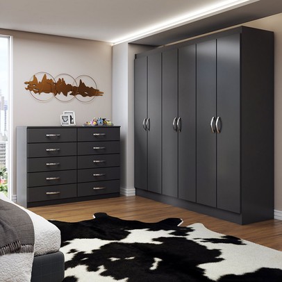 Guarda-Roupa Casal Aiden 6 Portas 2 Gavetas com Cômoda 10 Gavetas Preto - Panorama Móveis