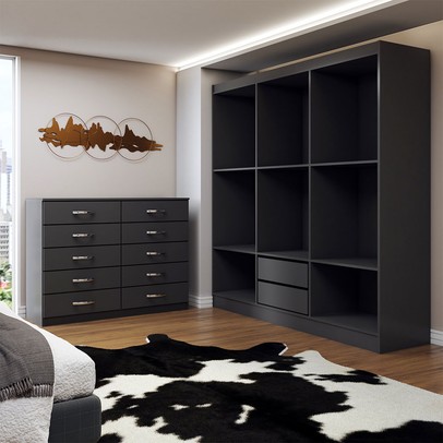 Guarda-Roupa Casal Aiden 6 Portas 2 Gavetas com Cômoda 10 Gavetas Preto - Panorama Móveis