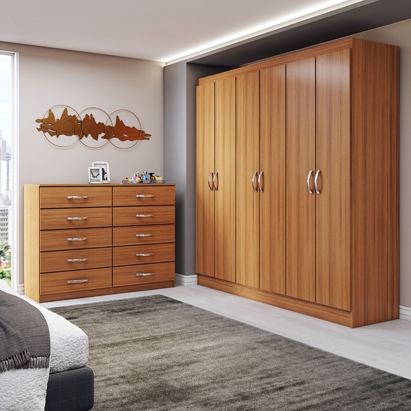Guarda-Roupa Casal Aiden 6 Portas 2 Gavetas com Cômoda 10 Gavetas Cinamomo - Panorama Móveis