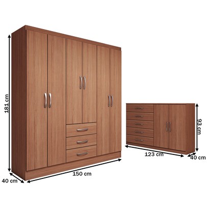 Guarda-Roupa Casal Carter 6 Portas 3 Gavetas com Cômoda 2 Portas 5 Gavetas Cinamomo - Panorama Móveis