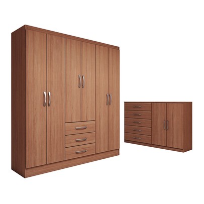 Guarda-Roupa Casal Carter 6 Portas 3 Gavetas com Cômoda 2 Portas 5 Gavetas Cinamomo - Panorama Móveis