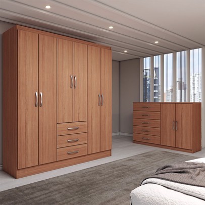Guarda-Roupa Casal Carter 6 Portas 3 Gavetas com Cômoda 2 Portas 5 Gavetas Cinamomo - Panorama Móveis