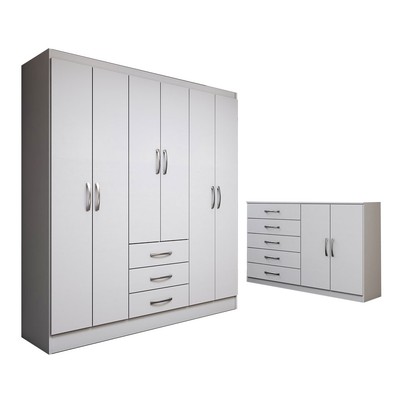 Guarda-Roupa Casal Carter 6 Portas 3 Gavetas com Cômoda 2 Portas 5 Gavetas Branco - Panorama Móveis