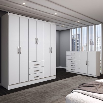 Guarda-Roupa Casal Carter 6 Portas 3 Gavetas com Cômoda 2 Portas 5 Gavetas Branco - Panorama Móveis