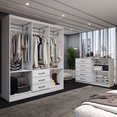 Guarda-Roupa Casal Carter 6 Portas 3 Gavetas com Cômoda 2 Portas 5 Gavetas Branco - Panorama Móveis