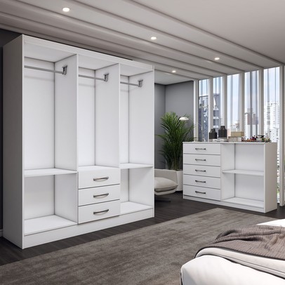 Guarda-Roupa Casal Carter 6 Portas 3 Gavetas com Cômoda 2 Portas 5 Gavetas Branco - Panorama Móveis