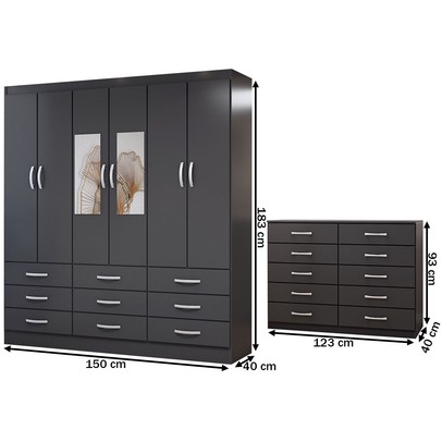 Guarda-Roupa Casal Ava 6 Portas 9 Gavetas e Espelho com Cômoda 10 Gavetas Preto - Panorama Móveis