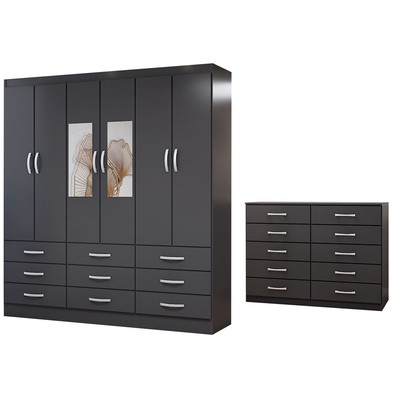 Guarda-Roupa Casal Ava 6 Portas 9 Gavetas e Espelho com Cômoda 10 Gavetas Preto - Panorama Móveis