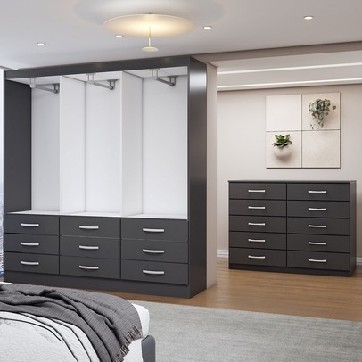 Guarda-Roupa Casal Ava 6 Portas 9 Gavetas e Espelho com Cômoda 10 Gavetas Preto - Panorama Móveis