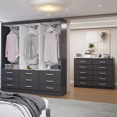 Guarda-Roupa Casal Ava 6 Portas 9 Gavetas e Espelho com Cômoda 10 Gavetas Preto - Panorama Móveis