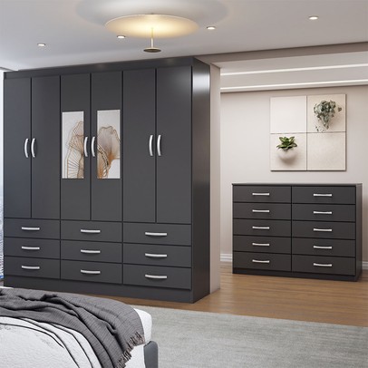 Guarda-Roupa Casal Ava 6 Portas 9 Gavetas e Espelho com Cômoda 10 Gavetas Preto - Panorama Móveis