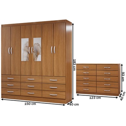 Guarda-Roupa Casal Ava 6 Portas 9 Gavetas e Espelho com Cômoda 10 Gavetas Cinamomo - Panorama Móveis