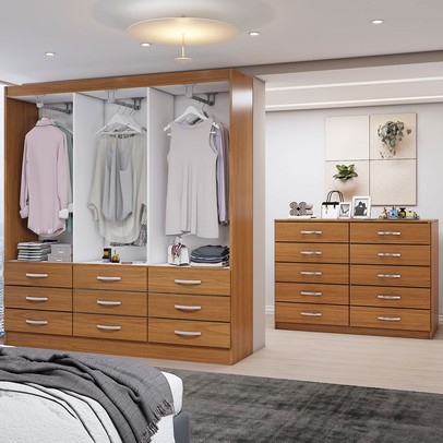 Guarda-Roupa Casal Ava 6 Portas 9 Gavetas e Espelho com Cômoda 10 Gavetas Cinamomo - Panorama Móveis