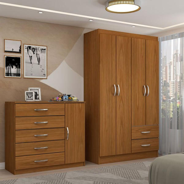 Guarda-Roupa Solteiro Natalie 4 Portas 2 Gavetas com Cômoda 1 Porta 5 Gavetas Cinamomo - Panorama Móveis