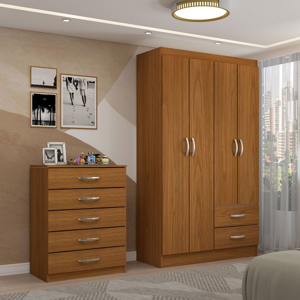 Guarda-Roupa Solteiro Lucy 4 Portas 2 Gavetas com Cômoda 5 Gavetas Cinamomo - Panorama Móveis