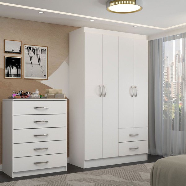 Guarda-Roupa Solteiro Lucy 4 Portas 2 Gavetas com Cômoda 5 Gavetas Branco - Panorama Móveis