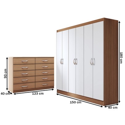 Guarda-Roupa Casal Claire 6 Portas 2 Gavetas com Cômoda 10 Gavetas Demolição/Branco - Panorama Móveis