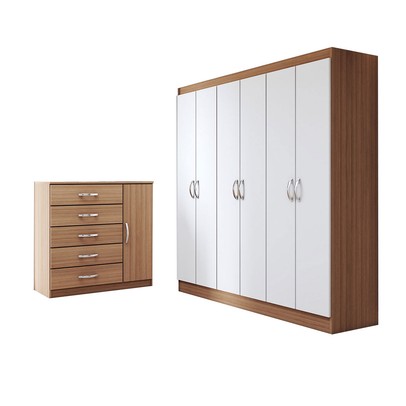 Guarda-Roupa Casal Luke 6 Portas 2 Gavetas com Cômoda 1 Portas 5 Gavetas Demolição/Branco - Panorama Móveis
