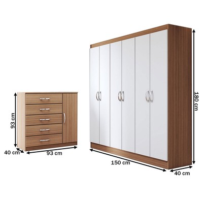 Guarda-Roupa Casal Luke 6 Portas 2 Gavetas com Cômoda 1 Portas 5 Gavetas Demolição/Branco - Panorama Móveis