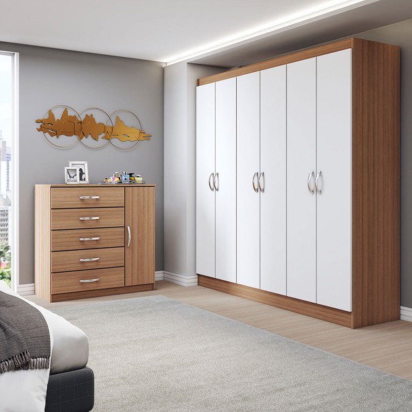 Guarda-Roupa Casal Luke 6 Portas 2 Gavetas com Cômoda 1 Portas 5 Gavetas Demolição/Branco - Panorama Móveis