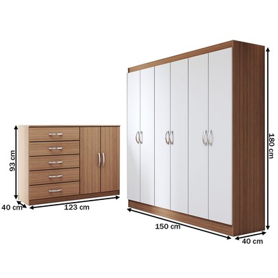 Guarda-Roupa Casal Layla 6 Portas 2 Gavetas com Cômoda 2 Portas 5 Gavetas Demolição/Branco - Panorama Móveis