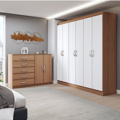 Guarda-Roupa Casal Layla 6 Portas 2 Gavetas com Cômoda 2 Portas 5 Gavetas Demolição/Branco - Panorama Móveis