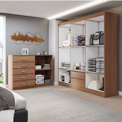 Guarda-Roupa Casal Layla 6 Portas 2 Gavetas com Cômoda 2 Portas 5 Gavetas Demolição/Branco - Panorama Móveis