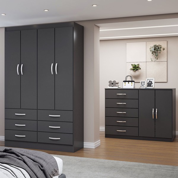 Guarda-Roupa Solteiro Max 4 Portas 6 Gavetas com Cômoda 2 Portas 5 Gavetas Preto - Panorama Móveis
