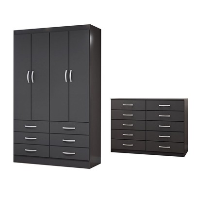 Guarda-Roupa Solteiro Leo 4 Portas 6 Gavetas com Cômoda 10 Gavetas Preto - Panorama Móveis