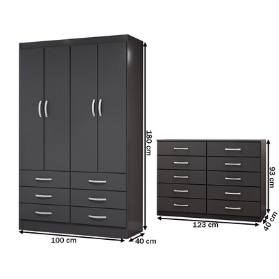 Guarda-Roupa Solteiro Leo 4 Portas 6 Gavetas com Cômoda 10 Gavetas Preto - Panorama Móveis