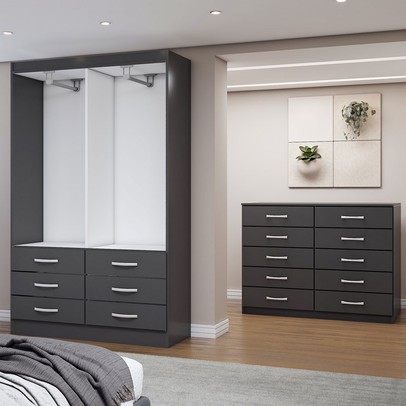 Guarda-Roupa Solteiro Leo 4 Portas 6 Gavetas com Cômoda 10 Gavetas Preto - Panorama Móveis