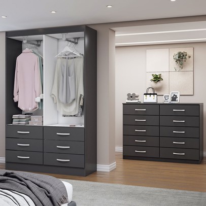 Guarda-Roupa Solteiro Leo 4 Portas 6 Gavetas com Cômoda 10 Gavetas Preto - Panorama Móveis