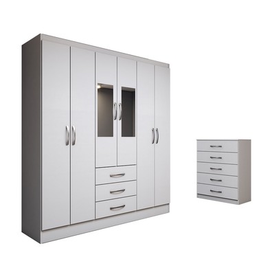 Guarda-Roupa Casal Emma 6 Portas 3 Gavetas e Espelho com Cômoda 5 Gavetas Branco - Panorama Móveis