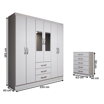 Guarda-Roupa Casal Emma 6 Portas 3 Gavetas e Espelho com Cômoda 5 Gavetas Branco - Panorama Móveis