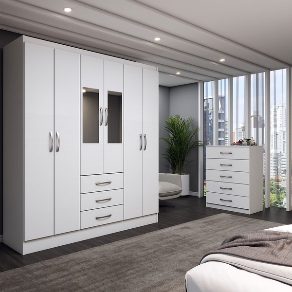 Guarda-Roupa Casal Emma 6 Portas 3 Gavetas e Espelho com Cômoda 5 Gavetas Branco - Panorama Móveis