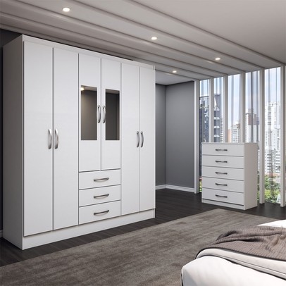 Guarda-Roupa Casal Emma 6 Portas 3 Gavetas e Espelho com Cômoda 5 Gavetas Branco - Panorama Móveis